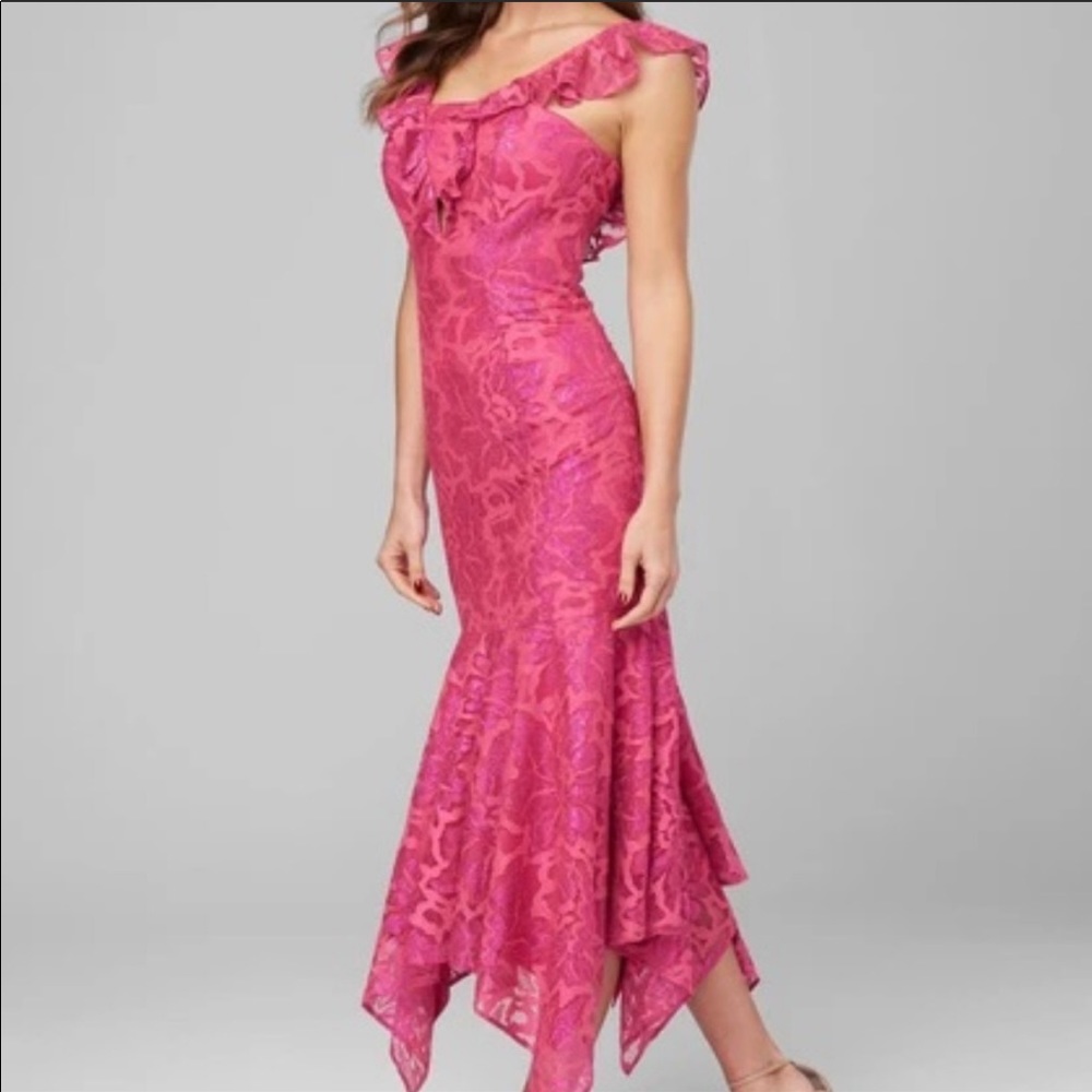 BEBE lace ruffle midi dress Size 12 in Pink Glow